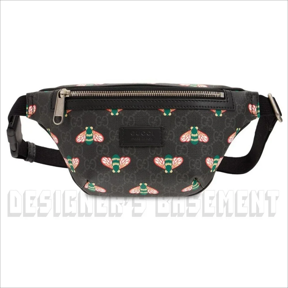 GUCCI black leather BESTIARY Bee GG Supreme canvas crossbody 90-36 Belt BUM bag